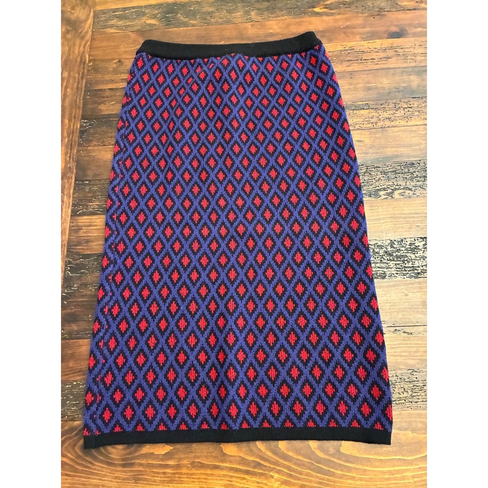 Vintage Caroll Paris Skirt Geometric Diamond Knit Midi Retro Women's Medium Wool